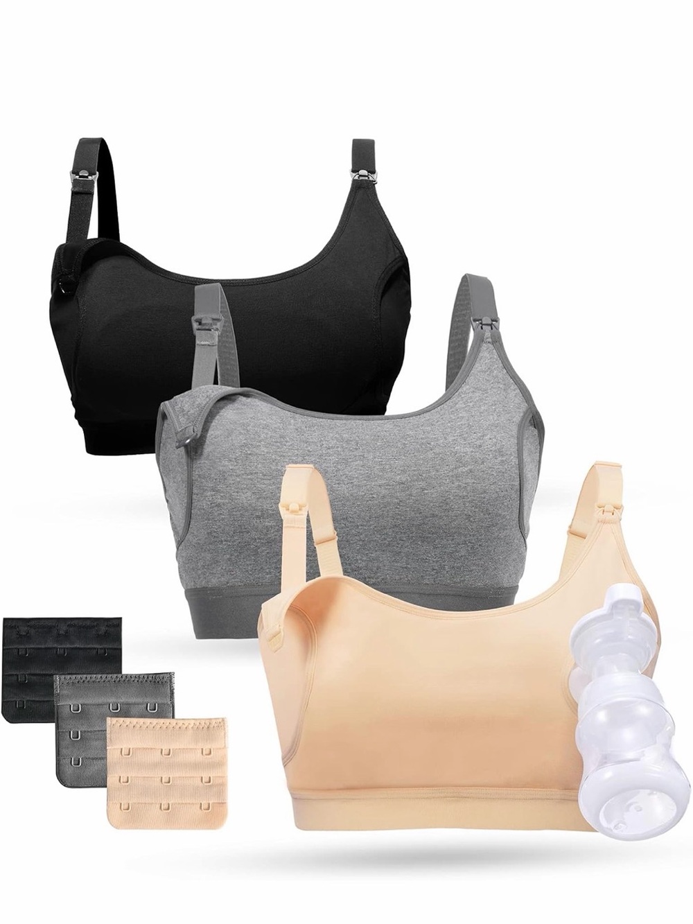 Momcozy 3-Pack Nursing & Pumping Bras with Removable Cups - Black, Gray, Nude